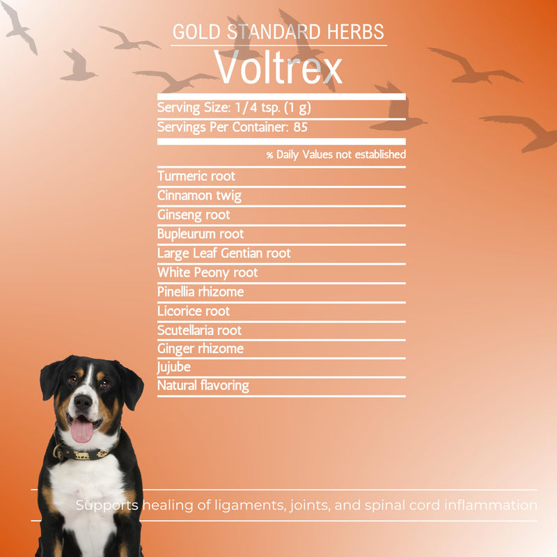 Voltrex Ligament and Spinal Cord Inflammation Relief for Dogs by Gold Standard Herbs, All Natural Bupleurum and Cinnamon Twig, 85 gram powder, White - PawsPlanet Australia
