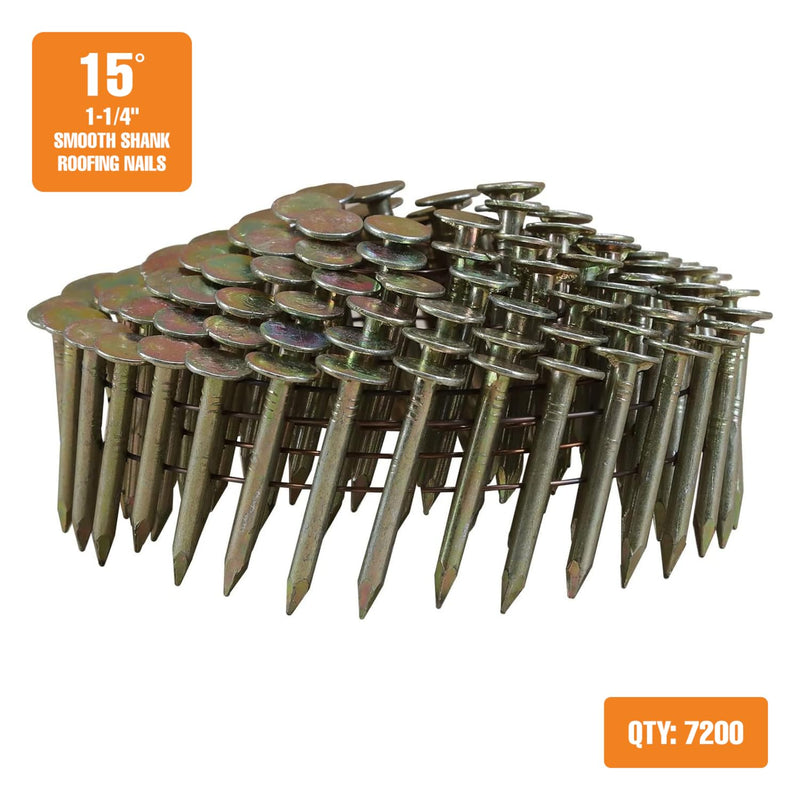 Freeman 15 Degree 1-1/4" x 0.120" Wire Collated Galvanized Coil Roofing Nails – 7,200 Count – Heavy-Duty 15 Degree Roofing Nails for Shingles, Siding & Sheathing