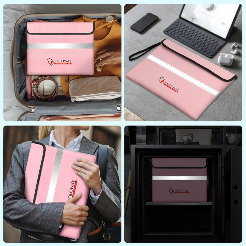 ROLOWAY Fireproof Document Bag (14 x 11 inch) with 5200℉ Upgraded Aluminum Foil Layer, Fireproof Bag for Documents with Reflective Strip and Zipper (Pink) 14 x 11 inch 5200℉ Pink
