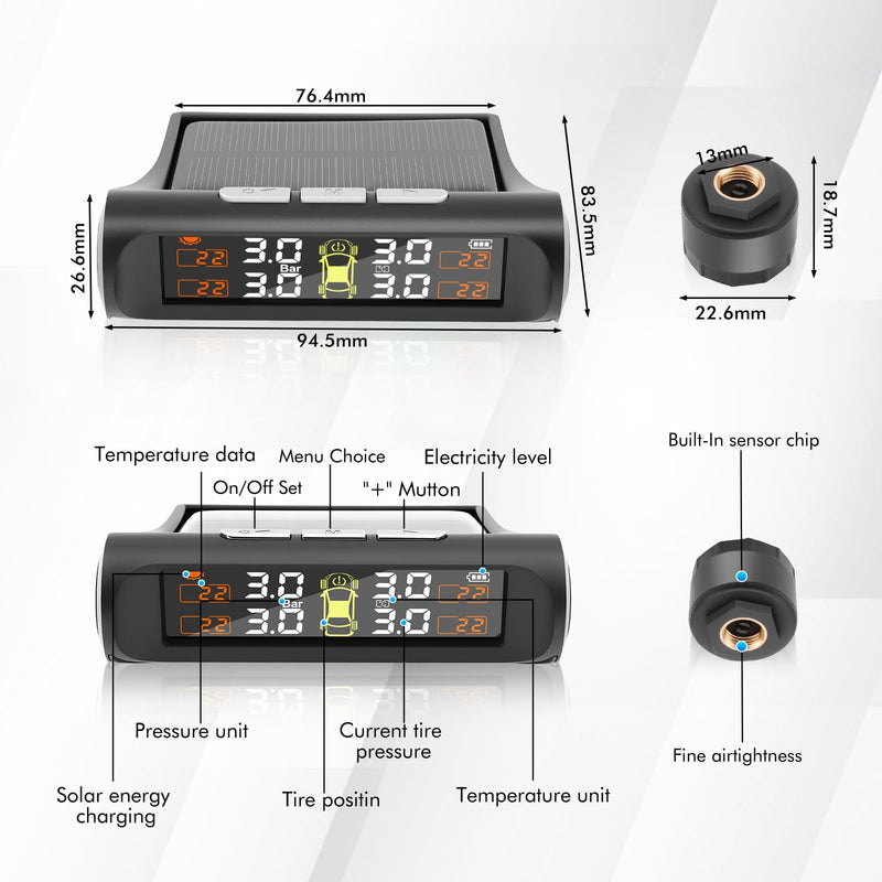 Tire Pressure Monitoring System with Solar Charge,TPMS Tire Pressure Monitor System with 4 External sensors & 5 Alarm Modes, Real Time Monitoring Pressure & Temperature,Suitable for 4 Wheeled Vehicles