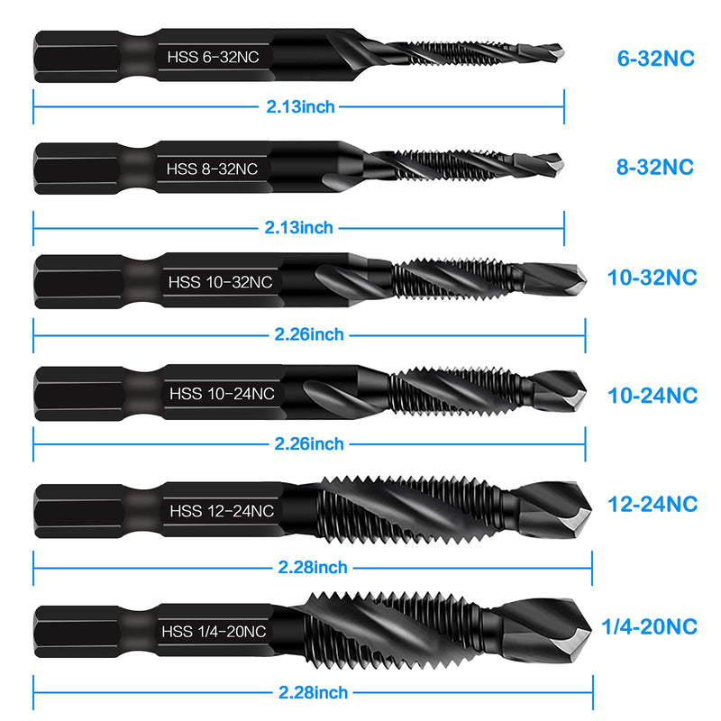 6 Packs Combination Drill & Taps Bit Set, Screw Tapping in SAE Size 6-32nc 8-32nc 10-32nc 10-24nc 12-24nc 1/4-20nc with Anti-Rust Black Coating, 1/4” Hex Shank and Storage Case 6 Pcs Tap Set