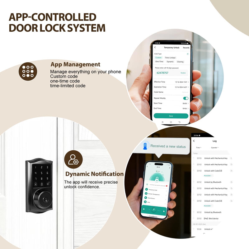 Smart Keyless Entry Door Lock with App Control, Electronic Touchscreen Keypad Deadbolt with Doorbell, App Remote, Voice Prompt, Auto Lock, IP55 Waterproof, 500+ User Capacity, Easy Installation