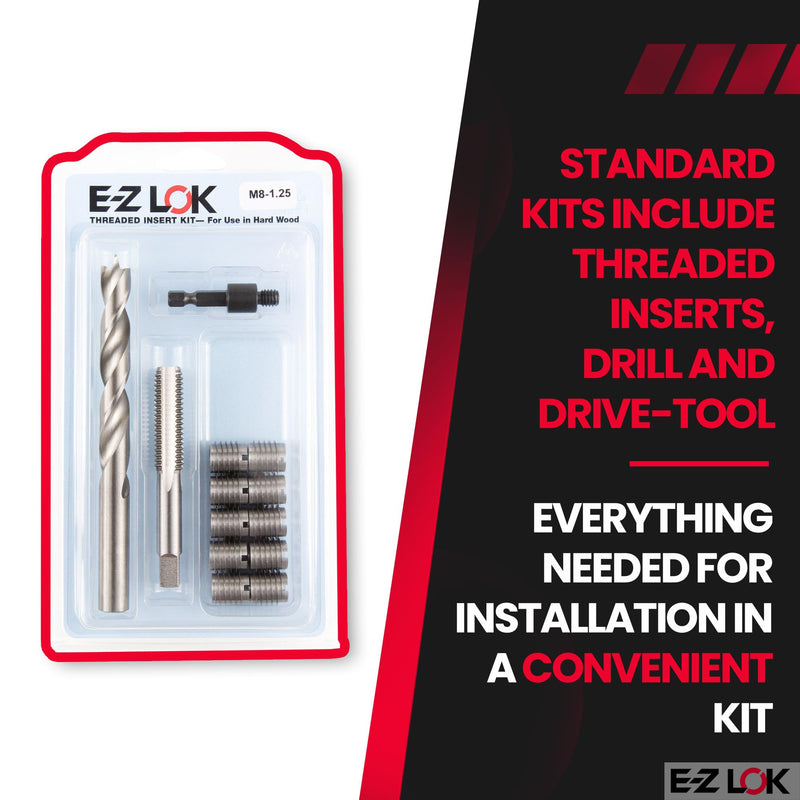 E-Z LOK Threaded Insert Installation Repair Tool Kit for Hard Wood - Includes Stainless Steel Thread Inserts, Drill, Tap, and Drive-Tool M8-1.25 (EZ-T400-M8-CR)