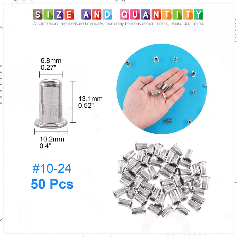 Glarks 50Pcs #10-24 UNC 304 Stainless Steel Rivet Nuts Flat Head Threaded Insert Nutserts Rivnuts Set
