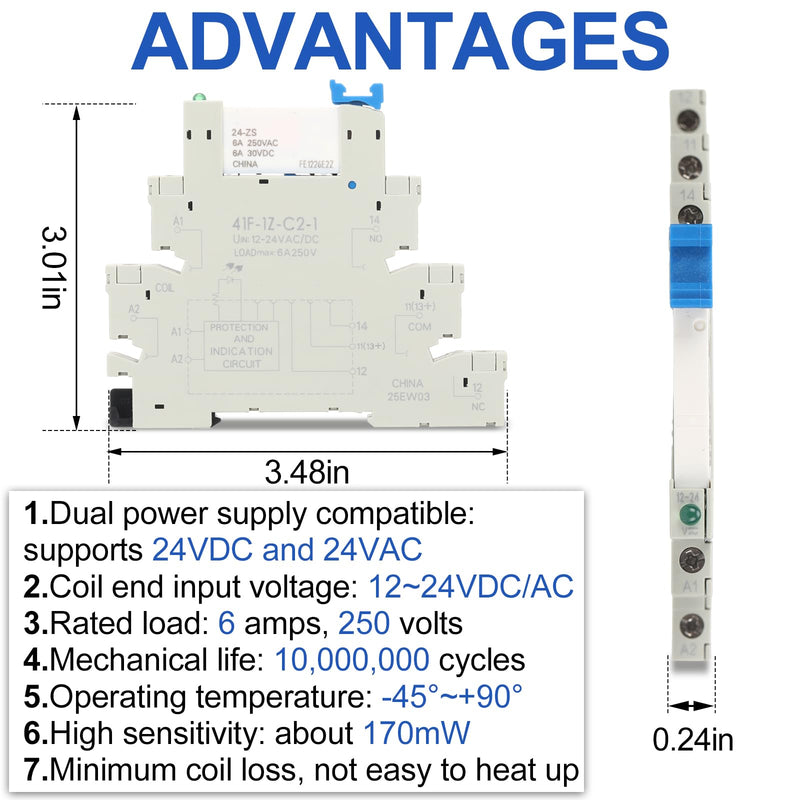 Tellegloww 10 Pcs Miniature Electromagnetic Relay 24V Coil DC/AC, PLC Signal Relay, HF41F/24-ZS 5 Pin 1NO 1NC 6Amp SPDT, Din Rail Mount (White) White