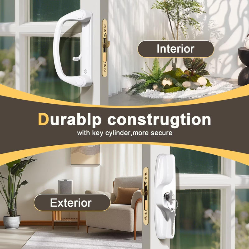 Knobonly Keyed Patio Sliding Door Handle Set, Replacement Slider Handle Set for Glass Door, Fit Standard 1’’ to 2’’ Thick Doors, 3-15/16’’ Hole Spacing, Reversible Design, with Mortise Lock White