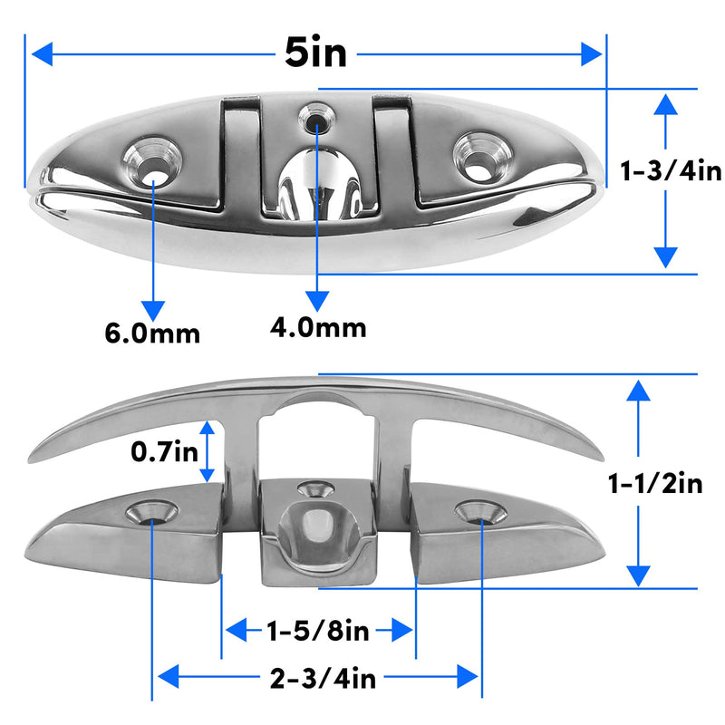 Folding Boat Cleats 5 inch and 6 inch (2 Sizes), 316 Stainless Steel Flip Up Dock Cleat for Deck and Boat, Dock Cleats Boat Dock Cleats Folding Cleat Rope Cleat Boat Cleat with Fasteners (2,4 Pack) 5inch 2 Pack