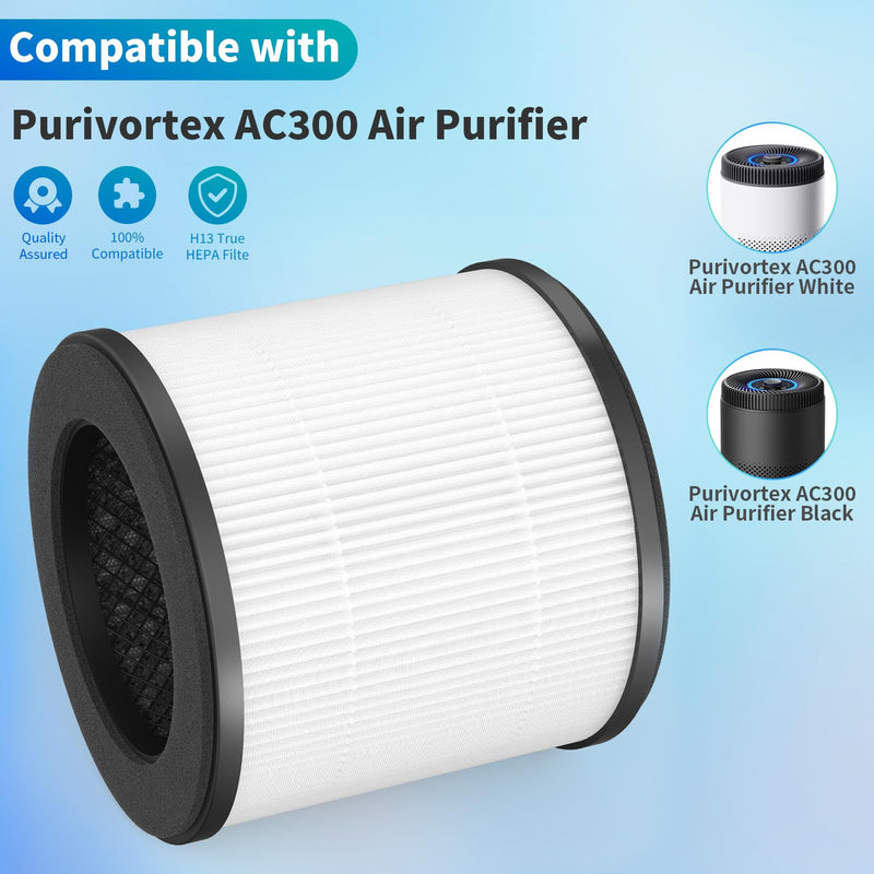 AC300 Replacement Filter Compatible with Purivortex AC300 Air Purifiers, 3-in-1 Filter（2-Pack）-White 2-Pack White