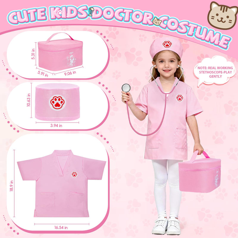 Doctor Kit for Girls, 27 Pcs Veterinarian Playset with Walking Cat Toy, Carrying Bag, Stethoscope & Dress Up Costume, Pretend Play Gift for Kids Toddlers Ages 3 4 5 6 Year Old B-Pink with Cat Toy
