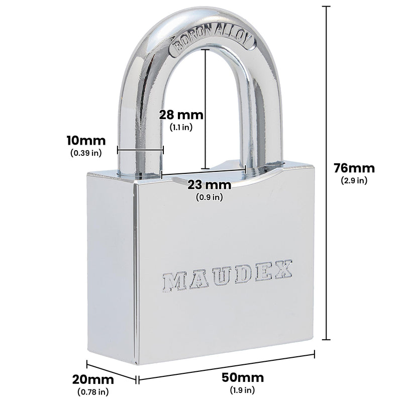 Maudex® RPB50 Heavy Duty Padlock with 5 Keys - 10mm Cut Resistant Hardened Shackle - Weatherproof Chrome Body | Small Keyed Lock for Gym & School Lockers, Gates 50 mm Silver