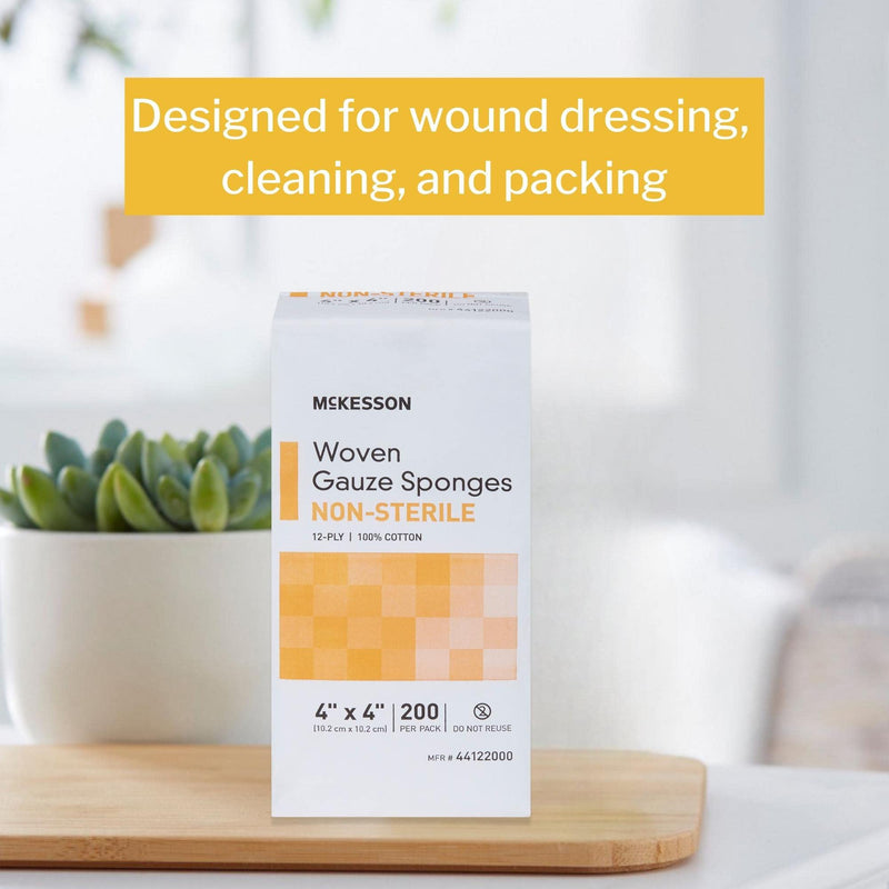 McKesson Woven Gauze Sponges, Non-Sterile, 12-Ply, 100% Cotton, 4 in x 4 in, 200 per Pack, 1 Pack