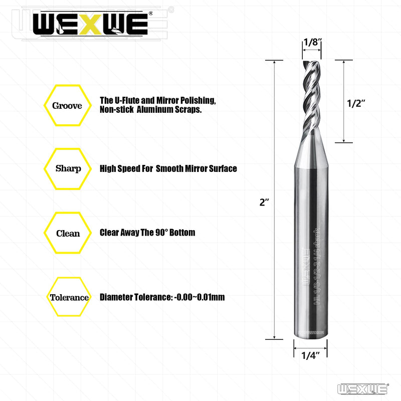 Tools High Finishing Carbide End Mill for Aluminum or Copper Cutting, U-Type Design Square Milling Cutter, 3 Flute Mill Bits Sets 1/2 Shank (1/8-2" 2PCS) 1/8"DIA -1/2"FL - 2"OL 1/4Shank 2PCS