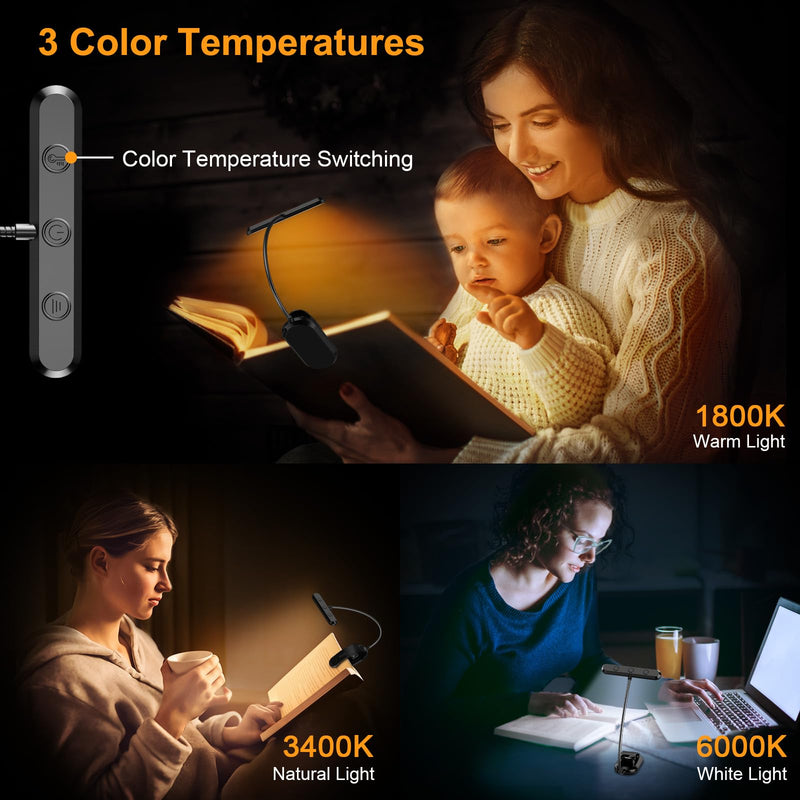 Gritin Rechargeable Book Light for Reading in Bed with 19 LED &Memory Function-Eye Caring 3 Color Temperatures,5 Brightness Levels,80 Hrs Runtime Flexible Goose Neck Clip on Light for Book Lovers Black
