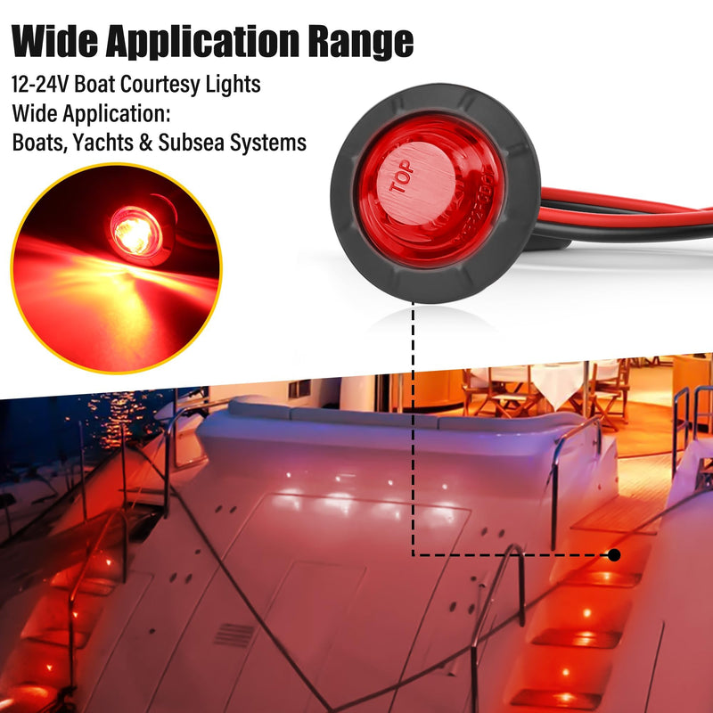 ALFU 10PCS Red 3/4" 12V LED Boat Interior Lights Marine Navigation Lights Clearance Marker Lights Round Bullet Side Indicator Lamps for Truck, Trailer, RV, Van, Boat, Bus, Caravan Red 10PCS