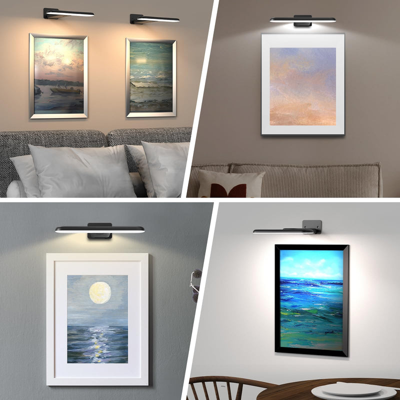2 Pack Picture Lights Battery Operated with Remote, Rechargeable Picture Lights for Wall, 3CCT&Brightness Dimmable,300 LM, Sticker/Screw Installation, Art Light for Gallery, Artwork, Black