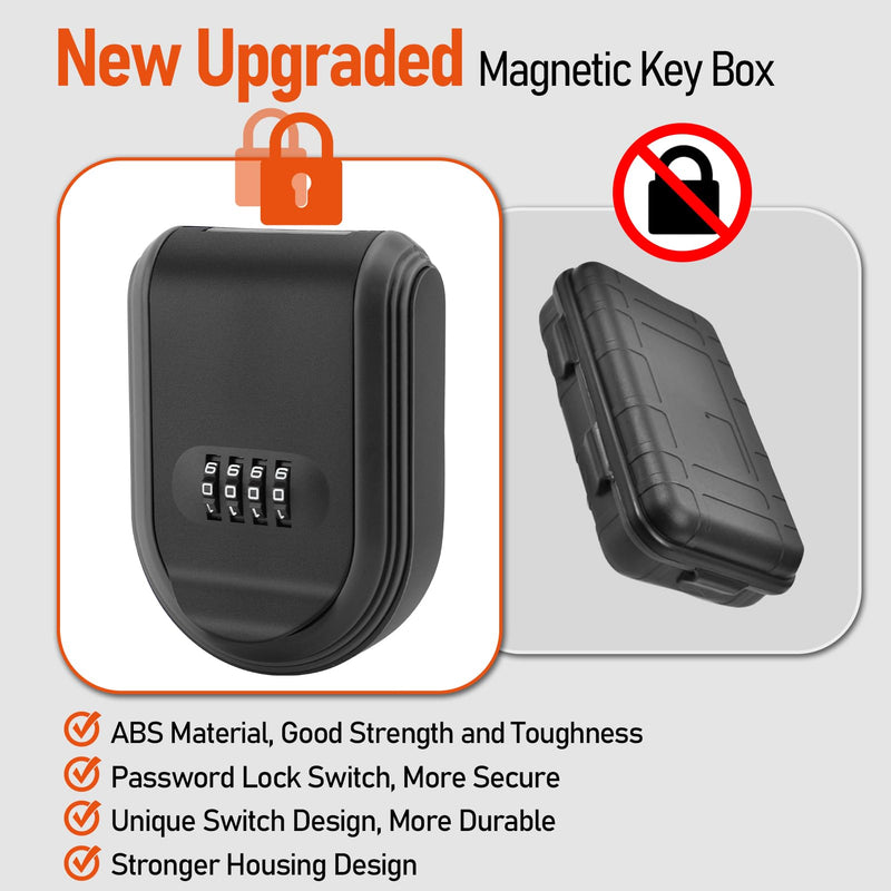 Magnetic Key Lock Box Under Car, 4 Digit Combination Key Holder with Strong Magnet, Wall Mounted Security Lock Box, Key Box Organizer with Bags for Indoor Outdoor Black