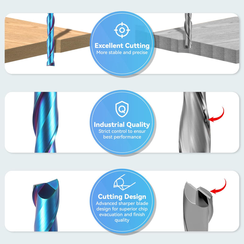 HQMaster Extra Long Spiral Router Bit Upcut 1/4 Inch Shank Solid Carbide CNC Router Bit with Nano Blue Coating CNC Bits End Mill for Woodwork Mortise Slot Trim 1 Pack Up Cut 1/4”Dia x 2”CL x 4”OAL