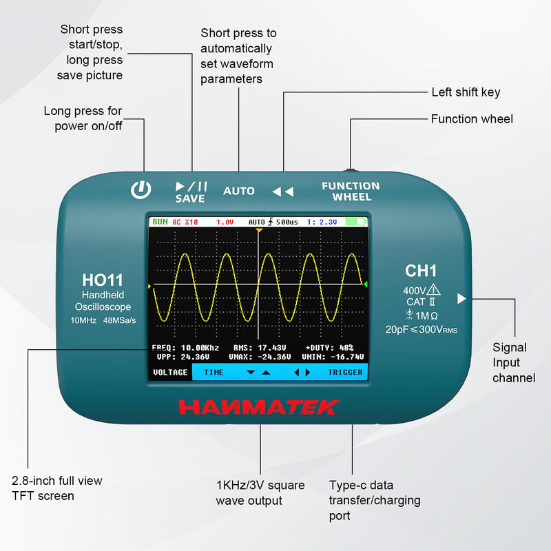 HANMATEK HO11 Handheld Digital Oscilloscope - 10MHz Bandwidth, 48MSa/s High-Precision Sampling, 2.8" TFT Display, USB Rechargeable, Advanced Trigger System, Portable for Fieldwork Professional 10 Mhz