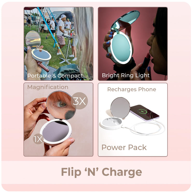stylPro Flip N Charge Power Bank Compact Mirror with LED Light - Handheld Pocket Magnifying Mirror Travel Makeup & Hair Styling - 2 in 1 USB Charger - Mini Portable Mirror for Purse - 1 Piece