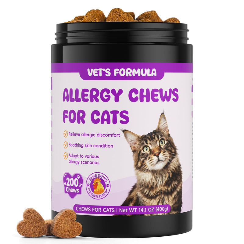 Cat Allergy Relief for Cats, 200ct Chicken Flavor - Cat Allergy Treats for Itchy Skin & Seasonal Allergy Support with Omega-3 & Probiotics - Cat Allergy Relief Chews Immune Boost & Coat Care