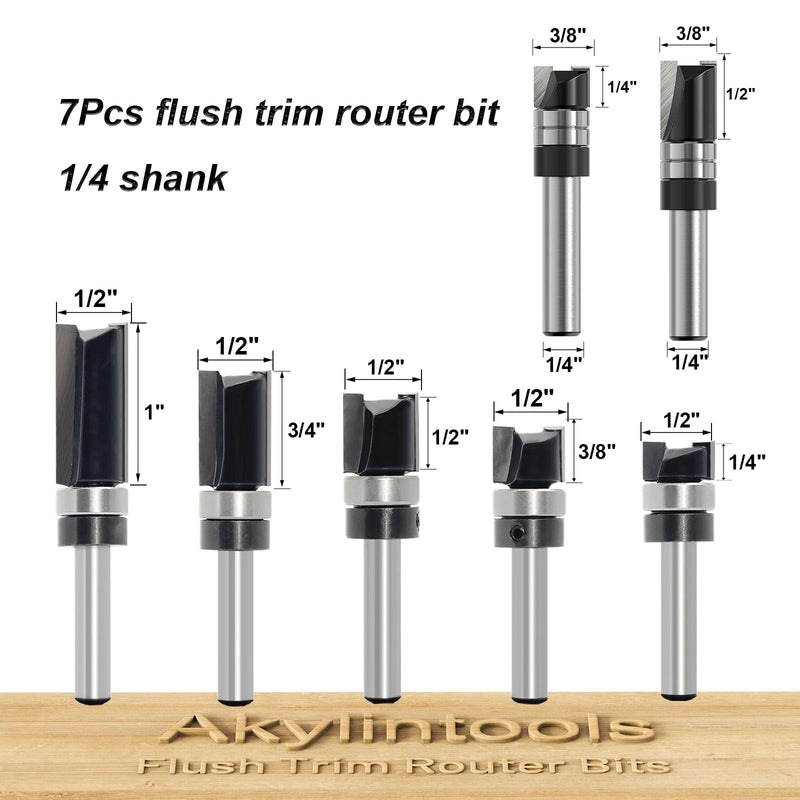 7pcs Pattern Router Bit Top Bearing 1/4 Inch Shank,Top Bearing Flush Trim Router Bit, Router Pattern Bit,Bearing Trimmer and Profiler,Flush Trim Router Bit for Wood Cut,Small Jointing,Trimming 7Pcs*Trim Top Bearing