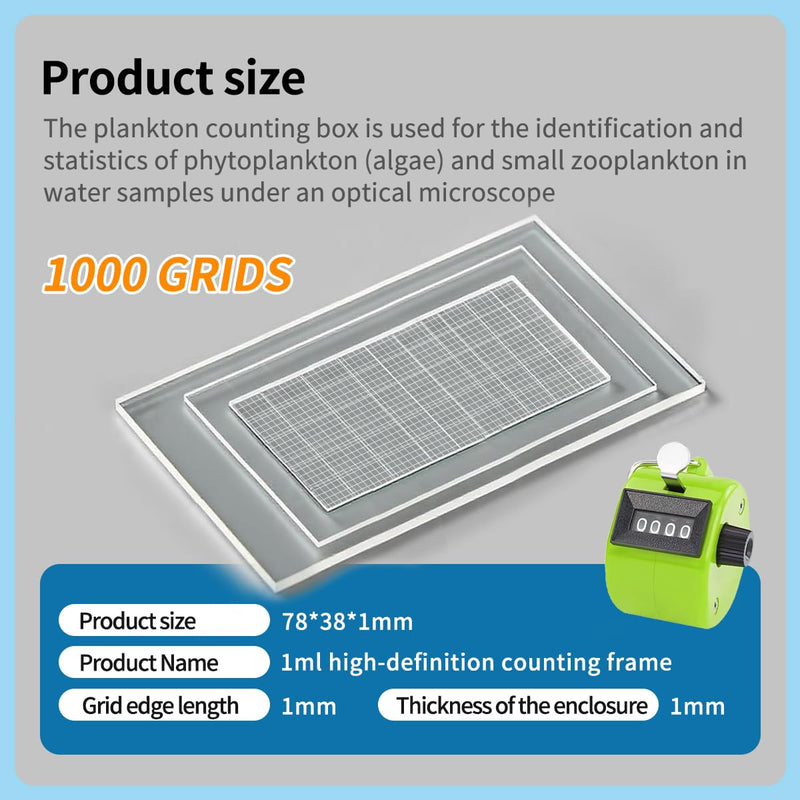 Plankton Counting Chamber Phytoplankton & Zooplankton Analysis (1ml 1000Grid) | Includes 100 Cover Slides and 1 handheld counter