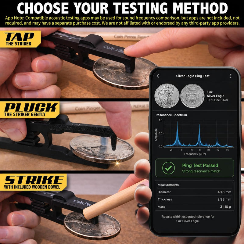 Coin Pinger Deluxe Kit, Acoustic Silver & Gold Ping Test for Coins or Bullion, Pocket Ping Test with Built-in Striker & Rare Earth Magnet
