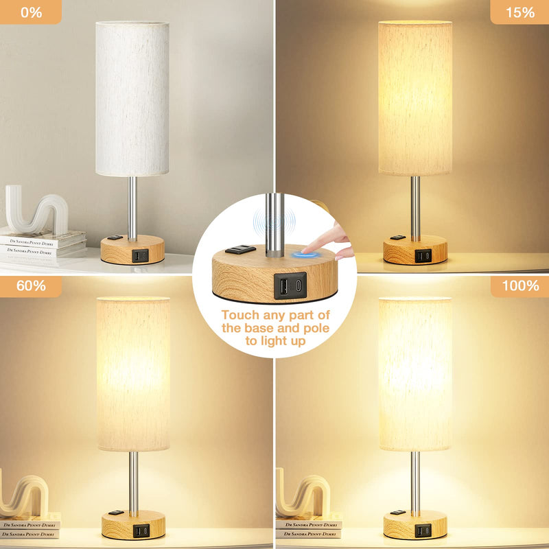 Bedside Table Lamp for Bedroom - 3 Way Dimmable Touch Lamp USB C Charging Ports and AC Outlet, Small Lamp Wood Base Round Flaxen Fabric Shade for Living Room, Desk, LED Bulb Included Cream Shade-Wood Base 14" Touch Control
