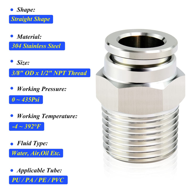 TAILONZ PNEUMATIC 304 Stainless Steel Male Straight 3/8 Inch Tube OD x 1/2 Inch NPT Thread Push to Connect Fittings PC-3/8-N4 (Pack of 2) 3/8''OD 1/2''NPT