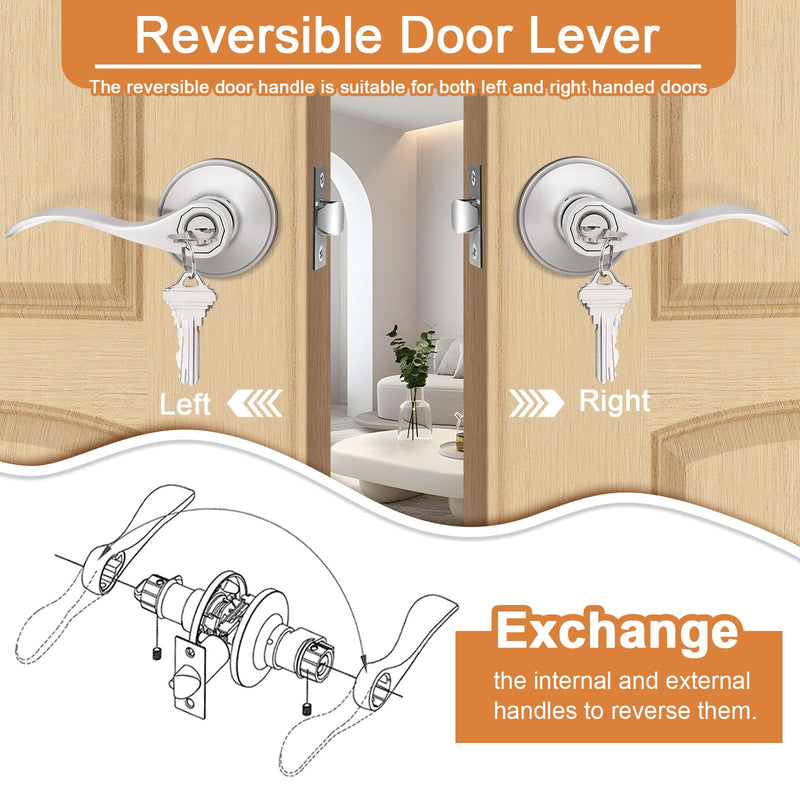 Probrico (2 Pack Wave Style Keyed Alike Entry Levers, Exterior Interior Satin Nickel Keyed Door Handles with Lock and Same Keys, Reversible for Right Left Handed Doors 2 Pack