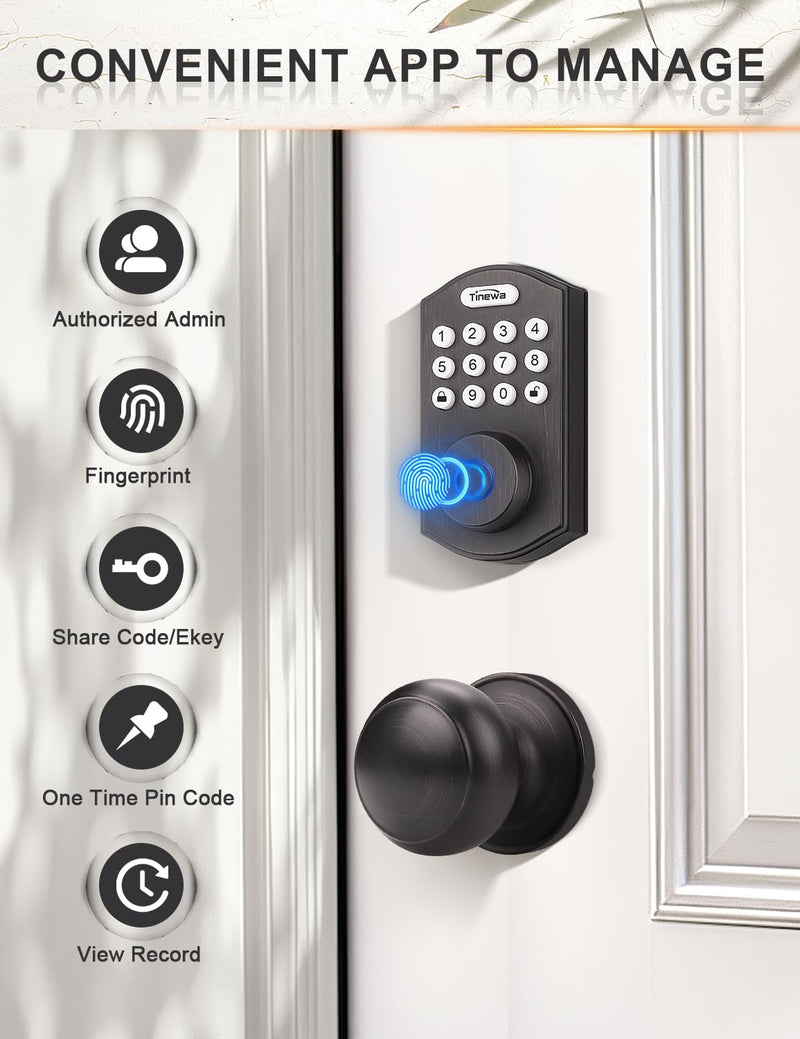 Tinewa Smart Locks for Front Door - Oil Rubbed Bronze Keyless Entry Door Lock with Flat Ball Door Knobs, Electronic Digital Keypad Deadbolt with Fingerprint, APP Control, Easy Installation Oil Rubbed Bronze-Flat Ball Door Knob