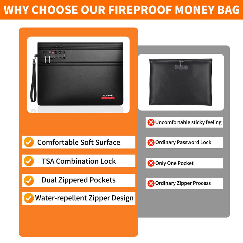 Noiposi 6400℉ Fireproof Money Bag with Lock,Dual-Zip Compartments Fireproof Document Bag for Documents and Cash,12 Layers Heat Insulated Fireproof Pouch with Zipper,Protects Important Papers,Valuables 14.17 x 10.24", 1pack Black