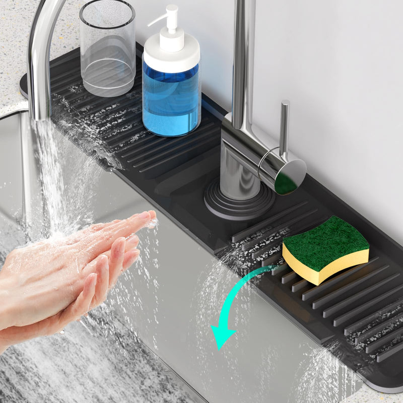 24 Inch Longer Faucet Mat for Kitchen Sink [5°Slope Fast Self-draining]Bathroom Kitchen Sink Splash Guard Silicone Sink Faucet Mat Splash Guard Kitchen Sink Area Tidy Splash Faucet Guard Draining Mat Black 24" x 5.5"