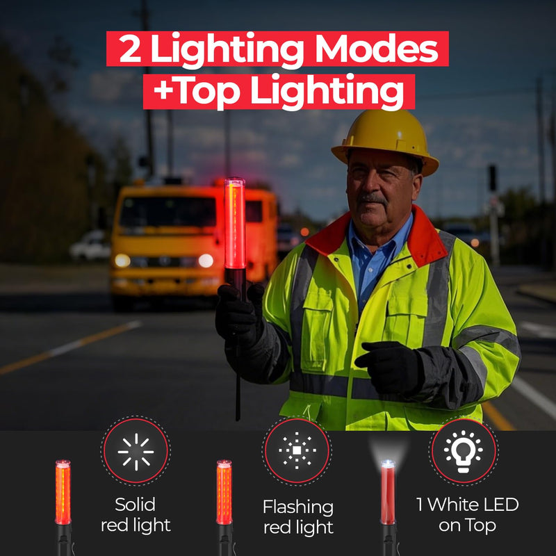 Traffic Wand Rechargeable, 10 Inch Traffic Control Baton Light with 2 Flashing Modes and 1 White LED on Top, Air Marshaling Signal Wand with Side Clip for Airport, Parking, Car Directing, 1 Pack Red