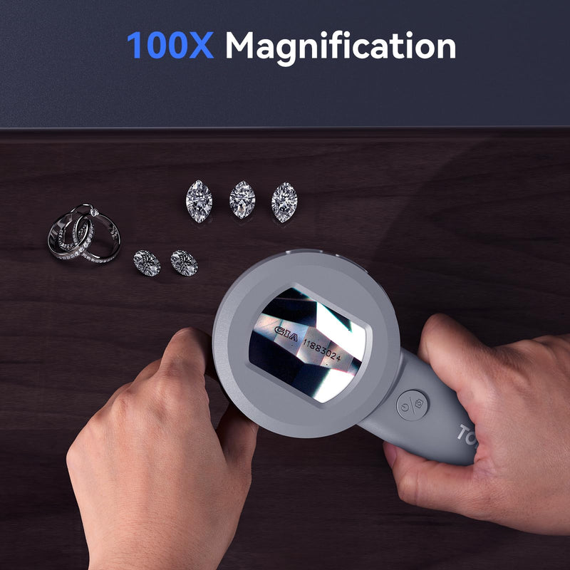 TOMLOV P10 Microscope for Adults Kids, Portable 100X Illuminated Jewelers Loupe, Handheld Coin Magnifier with Light for Collectors, Pocket Trichome Magnifying Glass, Digital Microscope with 2" Screen Grey
