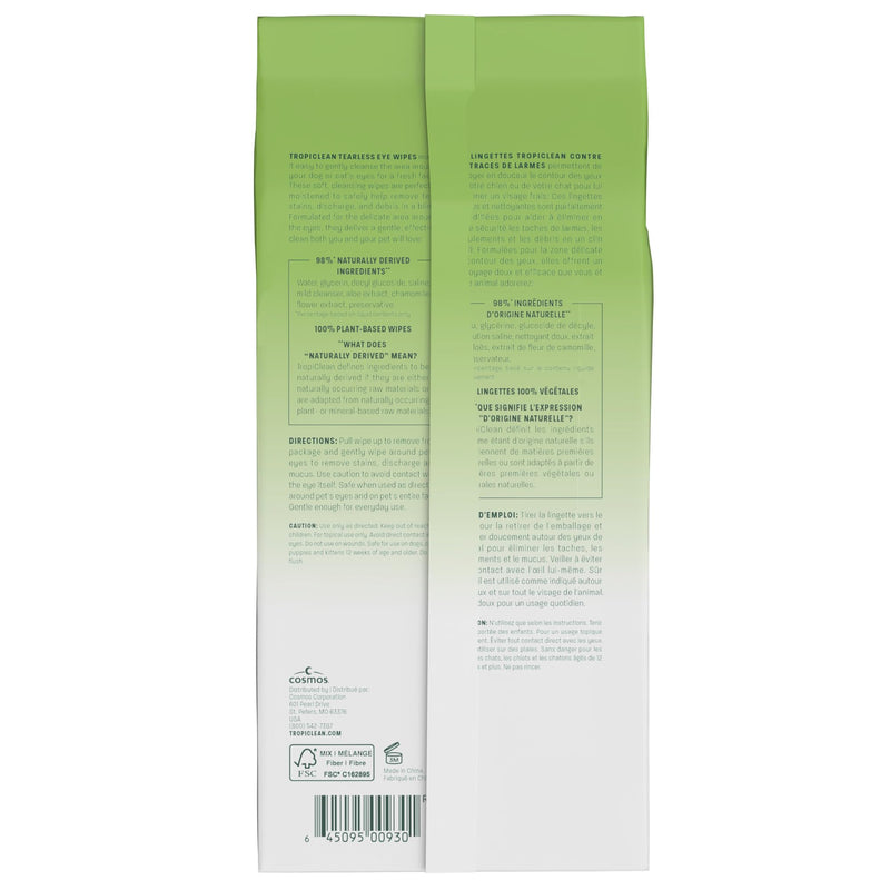 TropiClean Tearless Dog Eye Wipes, Dermatologist Approved Tear Stain Remover for Dogs & Cats, Gentle & Safe for Daily Use, Made in USA, 50ct.