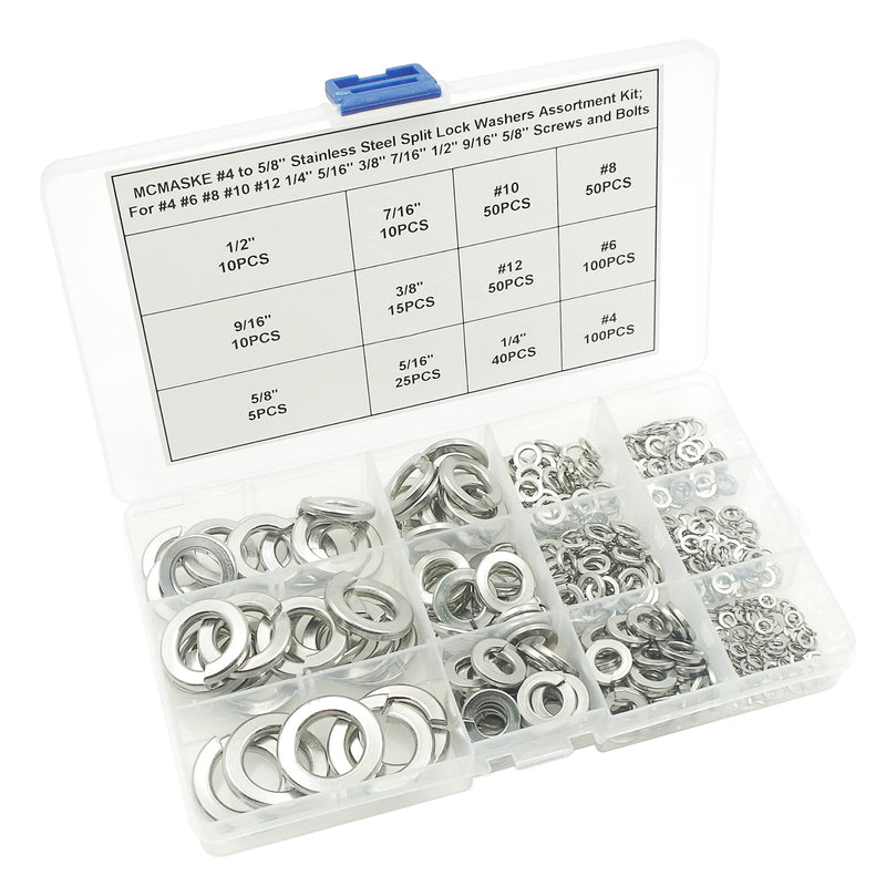 #4 to 5/8 Stainless Steel Split Lock Washers Assortment Kit,for #4#6#8#10#12 1/4" 5/16" 3/8" 7/16" 1/2" 9/16" 5/8" Screws/Bolts