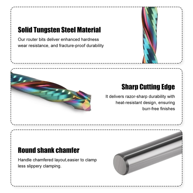 Extra Long Spiral Router Bits Up Down Compression Bit with DLC Coating, 1/4 inch Cutting Dia, 2" Cutting Length,1/4 inch Shank Solid Carbide CNC End Mill for Wood Carving Engraving Grinding Grooving