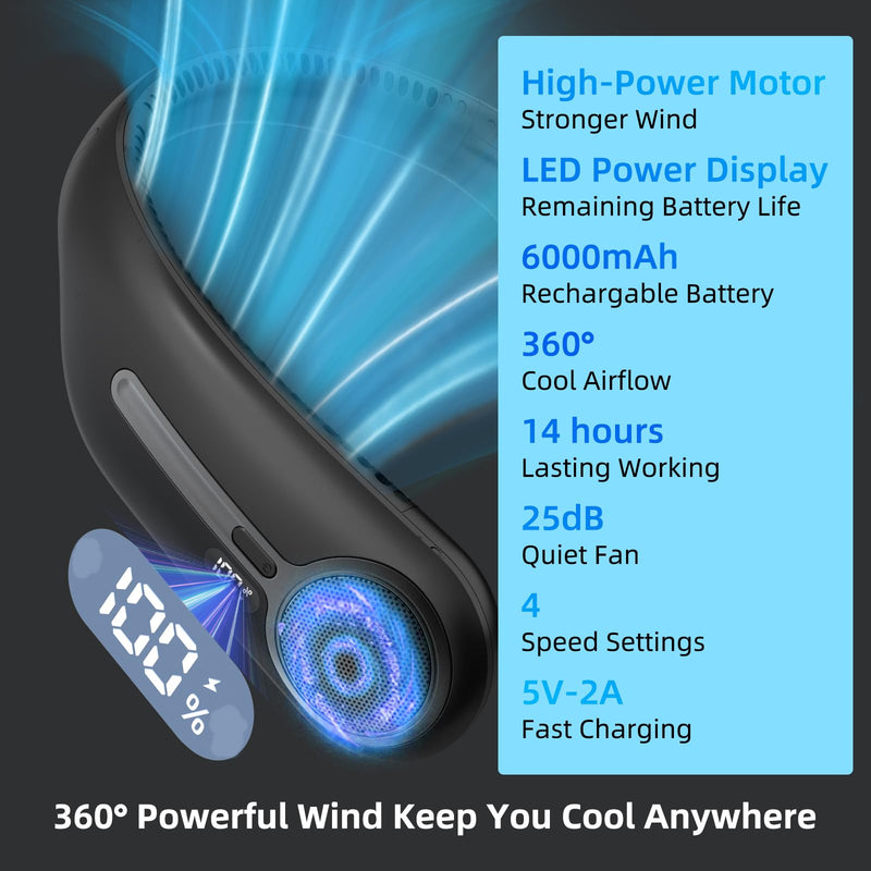 Portable Neck Fan,Hands Free Personal Wearable Bladeless Fan,6000mAh USB Rechargeable,360° Cooling,LED Display,4-Speeds,Birthday Gifts for Men Women Dad Mom,Fathers Day,Mothers Day Gifts (Black) Black