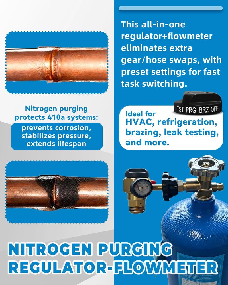 VN-500 Nitrogen Purge Control Valve Regulator w/500 PSI Flow Meter 4-Position Flow Control (TST/PRG/BRZ/OFF) Heavy-Duty Brass Body Hybrid Design Nitrogen Purging Regulator for Leak Testing
