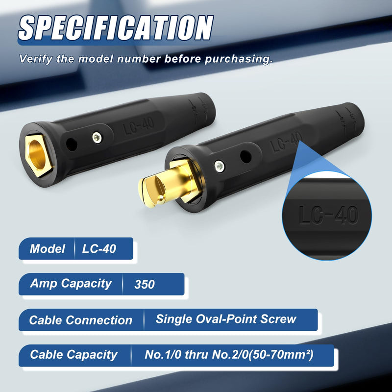 MEANLIN 2Sets LC-40 Welding Leads Quick Connector,Welding Cable Connectors,1/0 and 2/0(50-70mm²) Cable Size Capacity,350 Amp Max Rating,Male & Female Welding Connectors for Welding Machine Accessories