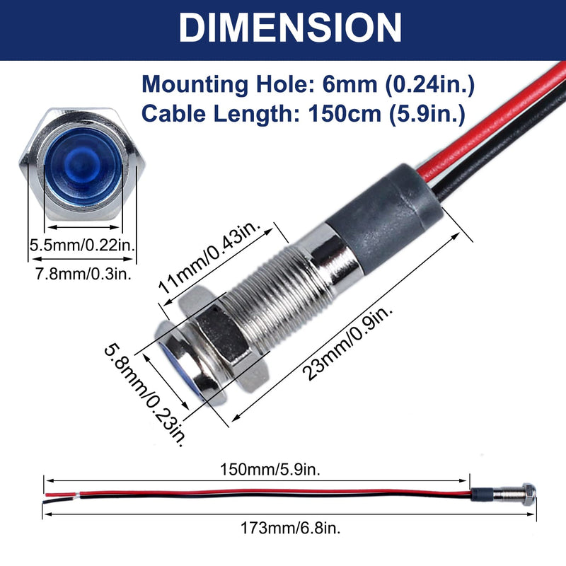 5 Pcs 6mm 110V-220VAC Metal LED Indicator Light Mounting Hole 1/4" 20mA Energy Saving Signal lamp Waterproof IP67 with Wire for machine tools household appliances etc. Red LED