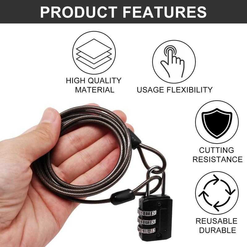 Sydien Cable Lock Double Loops 5Ft Long Black Security Cable with Lock, Bike Lock Cable 2.5mm Braided Steel Coated Safety Cable Wire for Luggage, Outdoor, Clothesline (4 Pack) 5Ft (4 Pack）