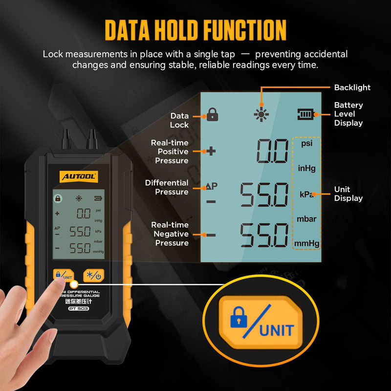 AUTOOL PT503 Mini Differential Pressure Gauge, Manometer Gas Pressure Tester with Dual Port Manometer, HVAC Gas & Air Pressure Tester, -101 to 200 kPa Range,6 Units, Digital Manometer with Data Lock