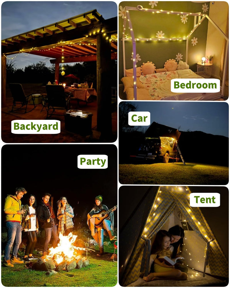 Solar Camping String Lights, 39.4 FT Fairy String Light, 4 in 1 Portable Waterproof Camp Lamp with 8 Lighting Modes, Hanging Rechargeable Tent Lantern for Christmas Decorations Patio Party Essentials