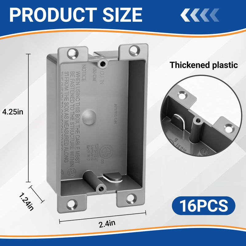 Relaxweex 16 Pack Plastic Shallow Electrical Box, 8 Cubic Inch Grey Shallow Outlet Box, Single Gang Old Work Junction Bulk, Length 4.25'', Width 2.4'', Depth 1.24'', Etl Certified