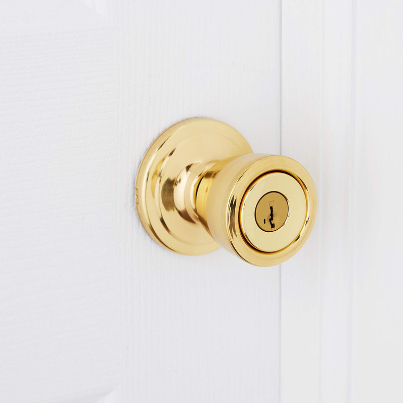 Kwikset Abbey Entry Door Knob with Lock and Key, Secure Keyed Handle Exterior, Front Entrance and Bedroom, Polished Brass, Pick Resistant SmartKey Rekey Security 1 Count (Pack of 1)