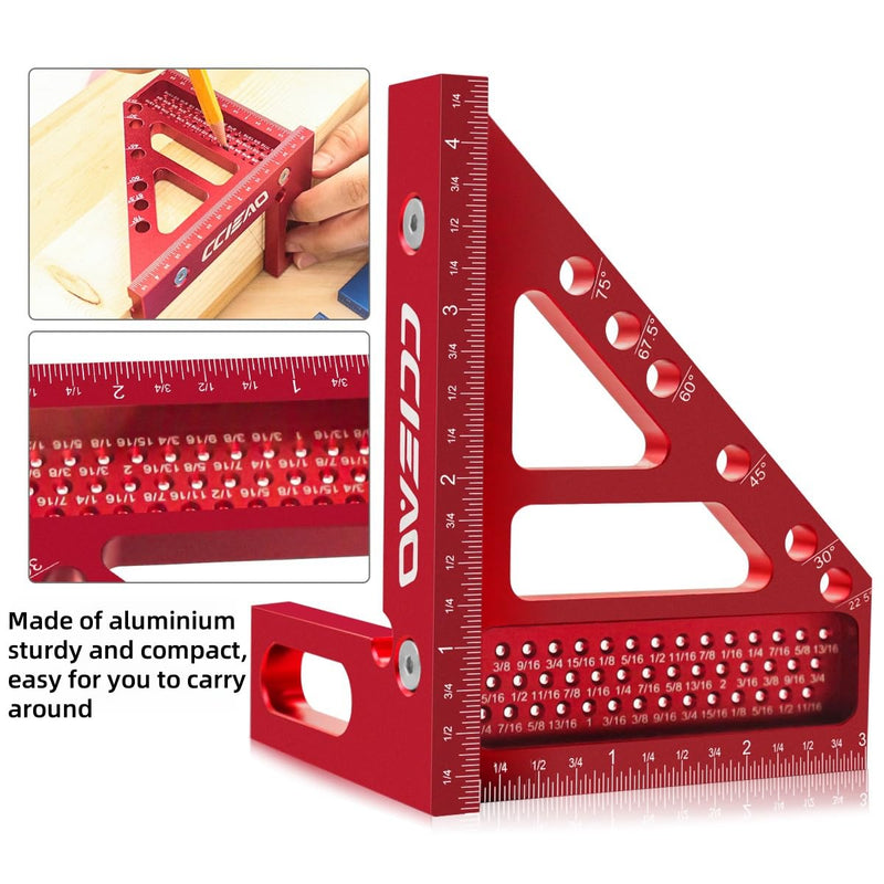 3D Carpenter Square with Degrees Scriber, 22.5-90 Degree Drawing Line Ruler with Pin, Precision Square for Woodworking, Construction, Craftsmen and DIY (Inch) Inch