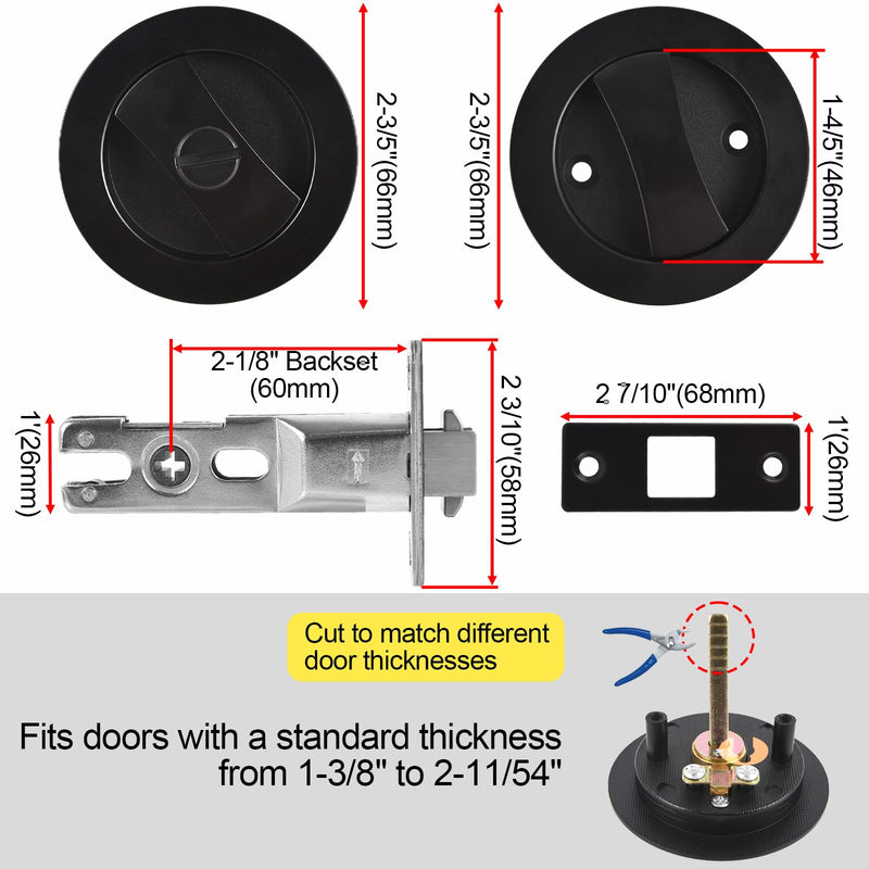 Matte Black Pocket Door Lock Zinc Alloy Pocket Door Latch, Double-Sided Sliding Door Handle Invisible Keyless Flush Pocket Door Hardware for Privacy Sliding Door, 2-3/8" Backset (Round) Round