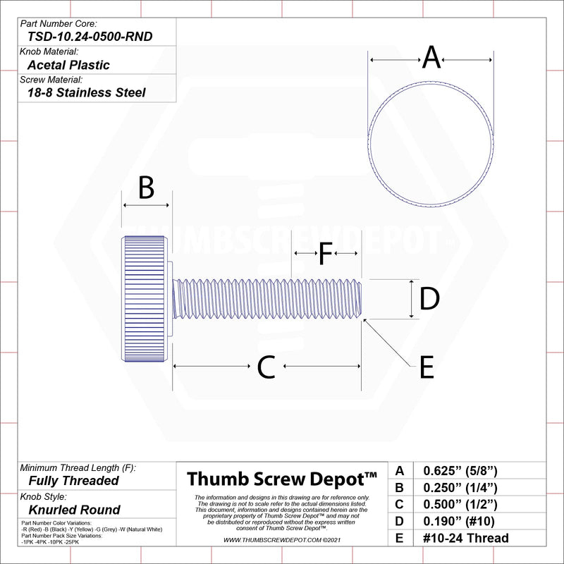 #10-24 x 1/2" Thumb Screw Stainless Steel - Black Knurled Round Plastic Knob - Standard/Coarse Thread Thumbscrew - Length: 0.500" - Proudly Built in USA - Package of (4) 4